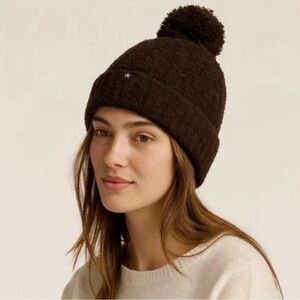 Barefoot Dreams CozyChic Cable Dark Brown Beanie W/Pom Pom OS